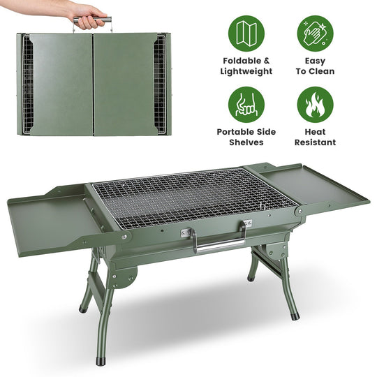 Foldable Charcoal Grill with Storage Shelf and 10 Skewers