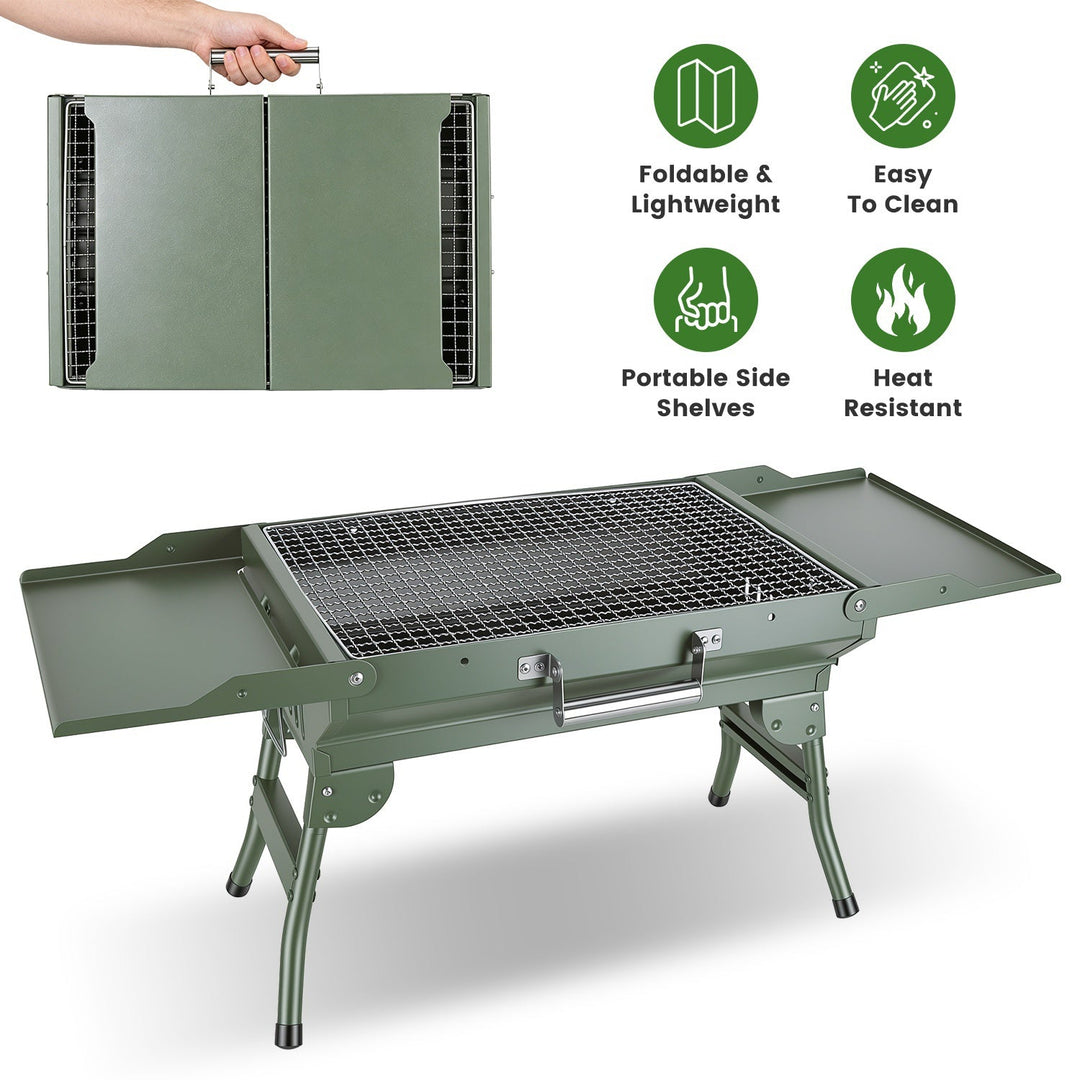 Foldable Charcoal Grill with Storage Shelf and 10 Skewers