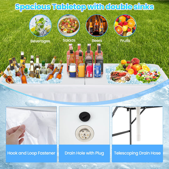 5 FT Folding Ice Cooler Table with Double Sinks for Camping Party Picnic Wedding-White