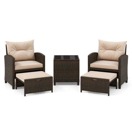 5 Pieces Patio Rattan Furniture with 2 Ottomans and Tempered Glass Coffee Table-Red
