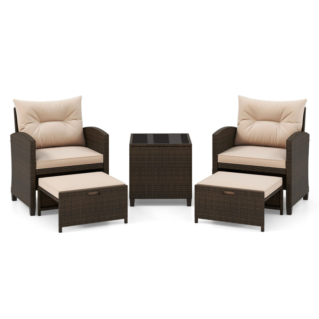 5 Pieces Patio Rattan Furniture with 2 Ottomans and Tempered Glass Coffee Table-Red