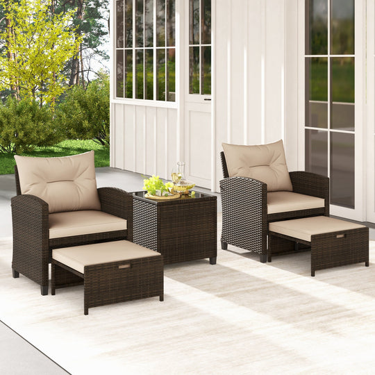 5 Pieces Patio Rattan Furniture with 2 Ottomans and Tempered Glass Coffee Table-Red