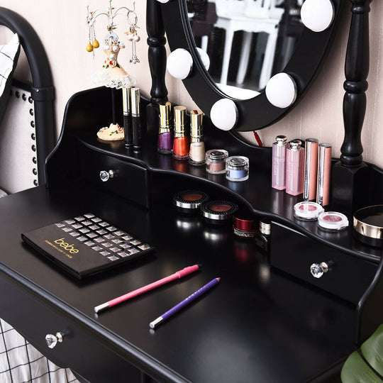 Oval Mirror Vanity Set with 10 LED Dimmable Bulbs and 3 Drawers