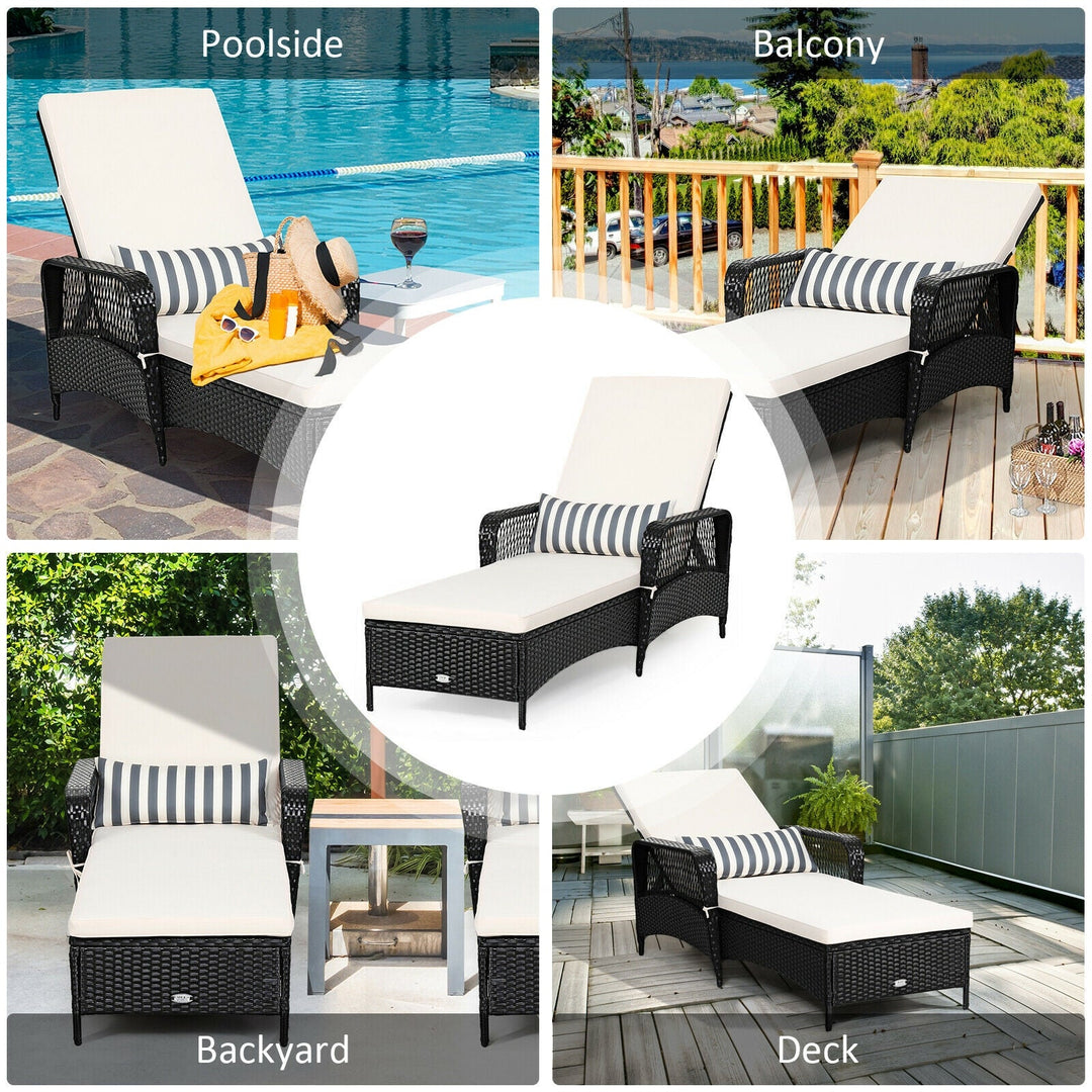Patio Wicker Chaise Lounge Chair with Pillow and Adjustable Backrest with Cushion-Black