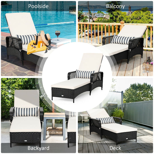 Patio Wicker Chaise Lounge Chair with Pillow and Adjustable Backrest with Cushion-Black