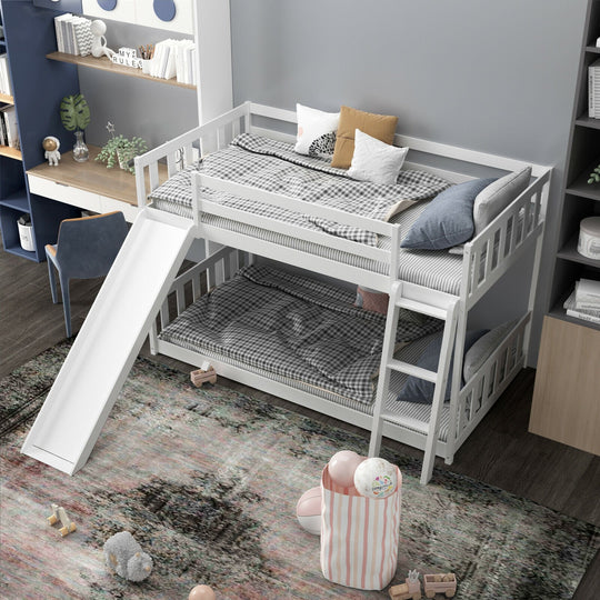 Twin over Twin Bunk Wooden Low Bed with Slide Ladder for Kids