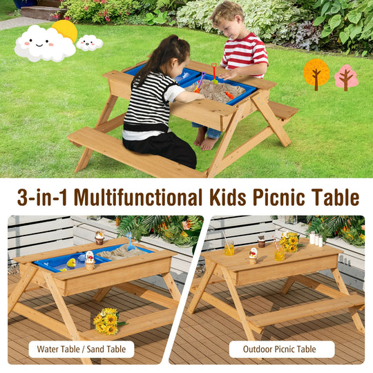 3-in-1 Kids Picnic Table Wooden Outdoor Water Sand Table with Play Boxes