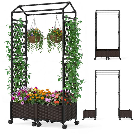 5.5 FT Self-Watering Planter Boxes with Lattice Trellis and Roof