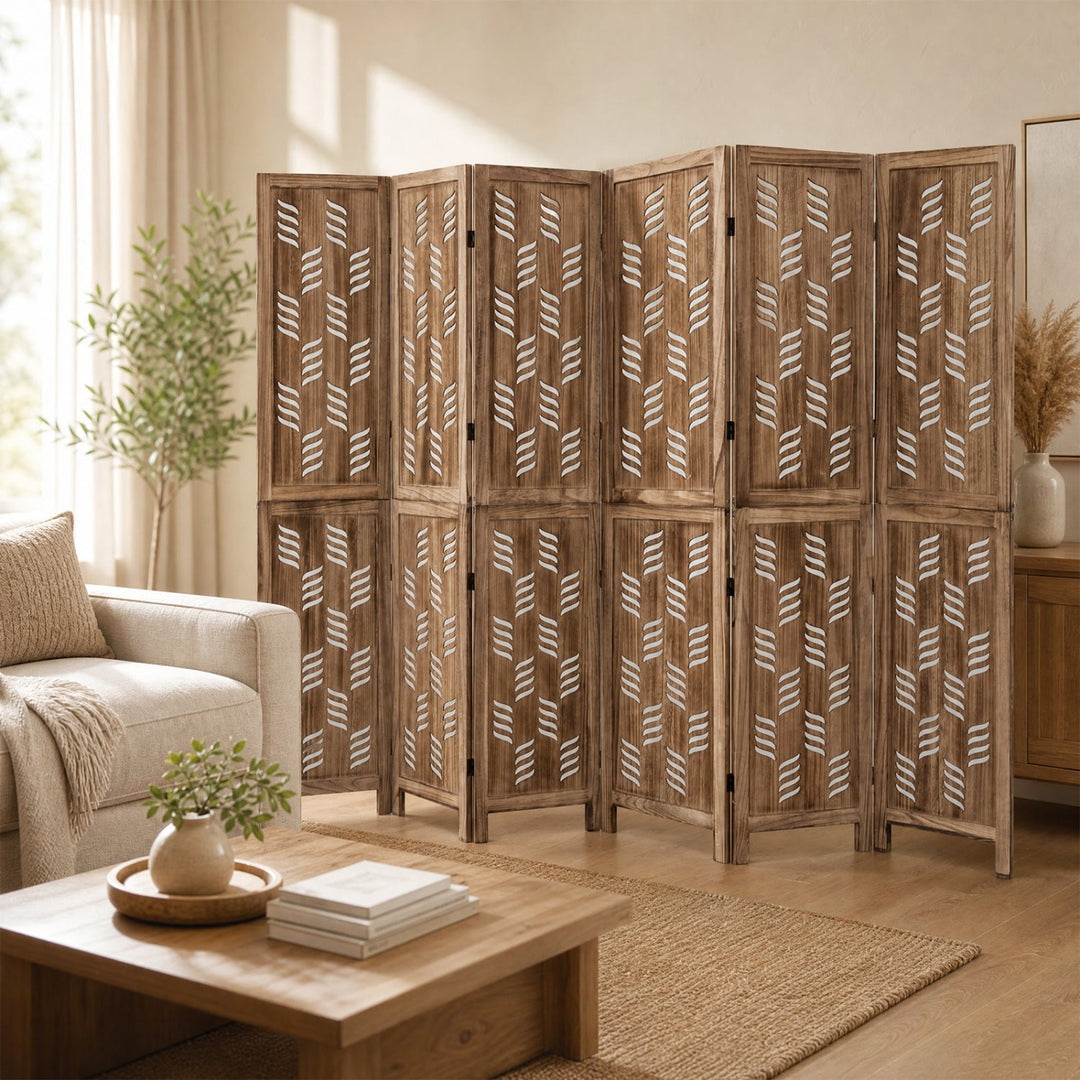 6-Panel Room Divider with Wave Cutout - 95" Tall Paulownia Wood
