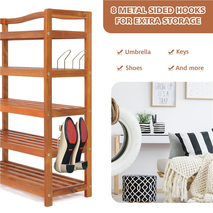 3-Tier Acacia Wood Shoe Rack with Side Metal Hooks