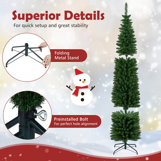 5/6/7/8/9 Feet Pre-lit Pencil Artificial Christmas Tree with 150/180/200//300/400 Warm White LED Lights