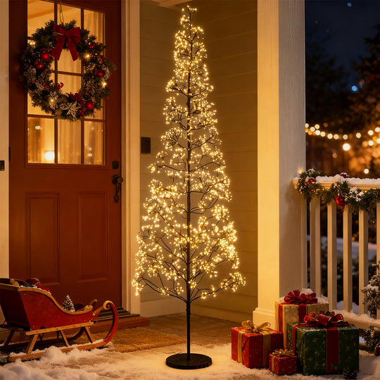 5/6/7 FT Lighted Alpine Tree with Warm White Light LED Lights Pre-lit Artificial Cedar Tree with Weighted Base