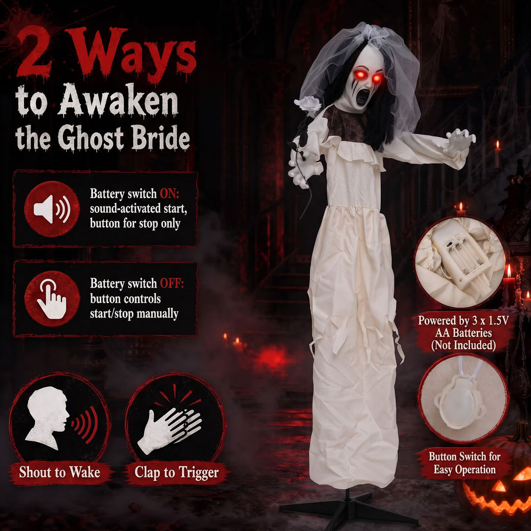 5.7 FT Halloween Standing Animatronic Bride with Flower in Hand