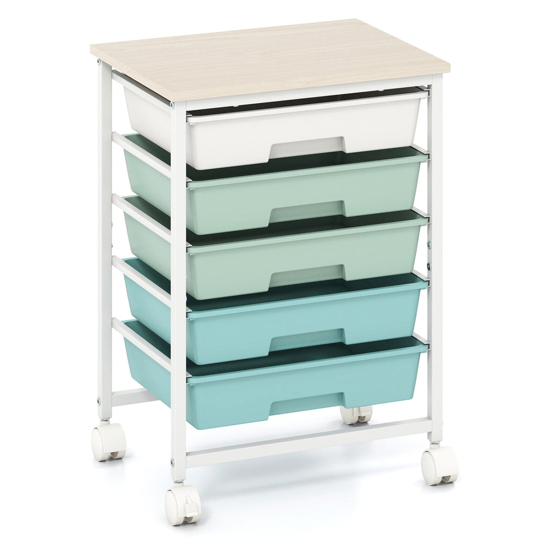 5-Drawer Rolling Storage Cart with Wooden Top