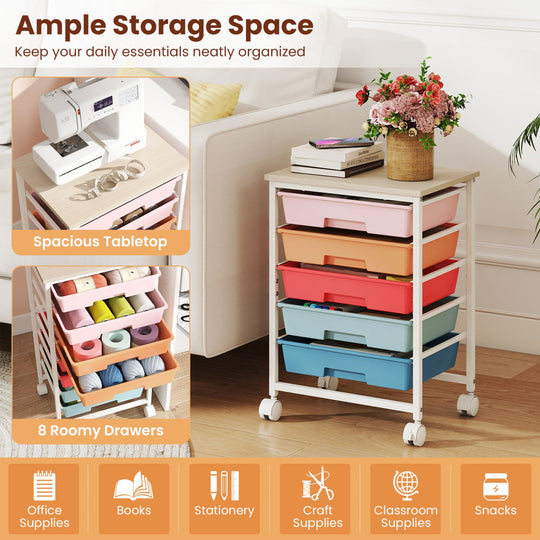 5-Drawer Rolling Storage Cart with Wooden Top