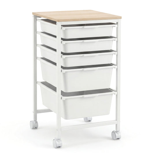 5-Drawer Rolling Storage Cart Mobile Utility Organizer with Wooden Tabletop and Lockable Wheels-White