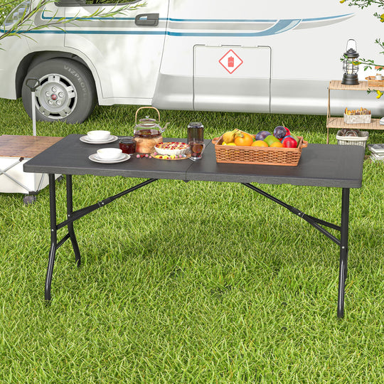 5FT Folding Picnic Table with Wood Grain HDPE Tabletop and Non-slip Foot Pads