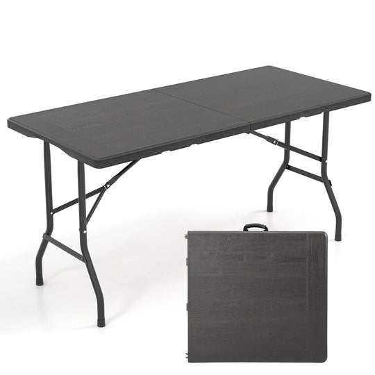 5FT Folding Picnic Table with Wood Grain HDPE Tabletop and Non-slip Foot Pads