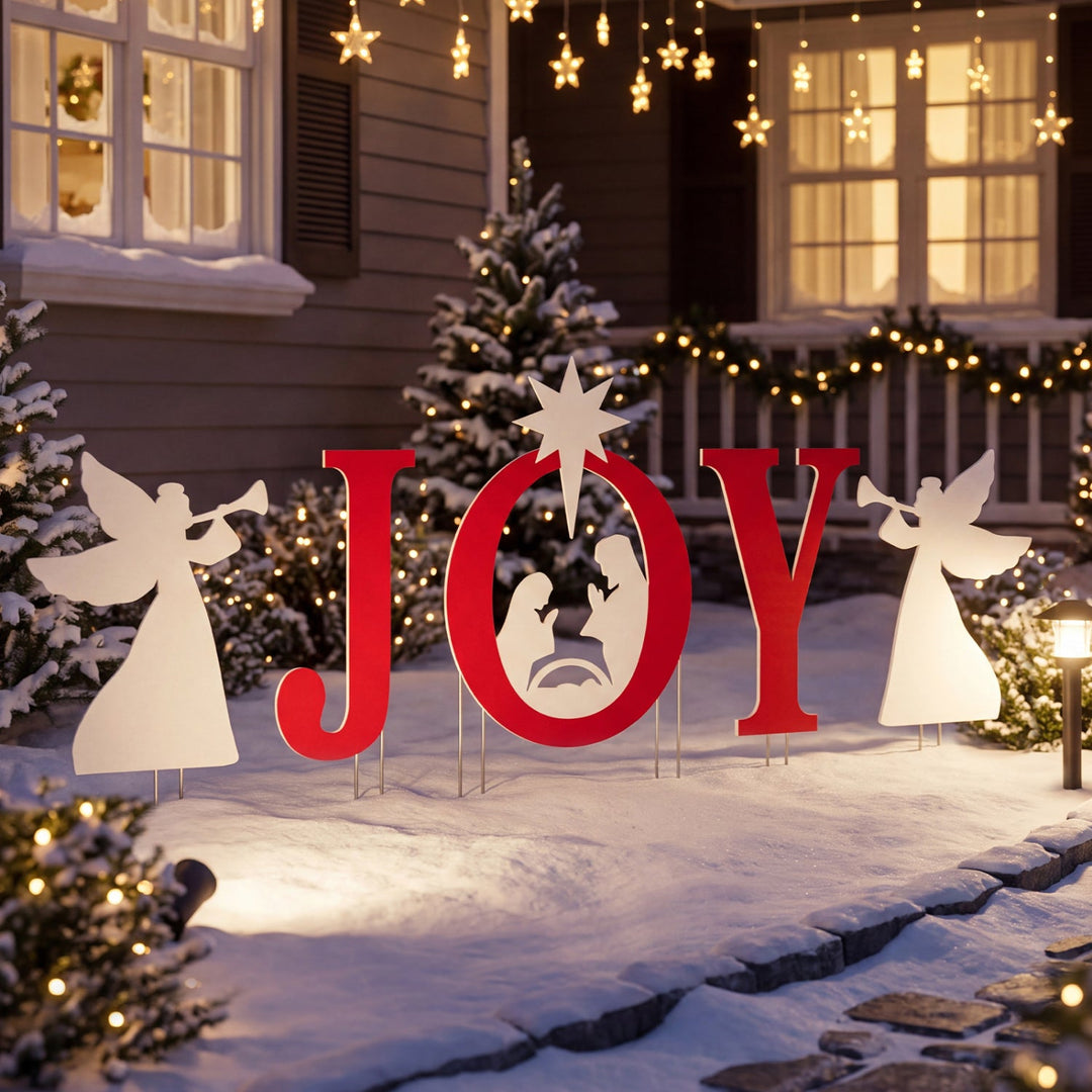 JOY Nativity Christmas Yard Sign Set with Angels - 5 Pieces
