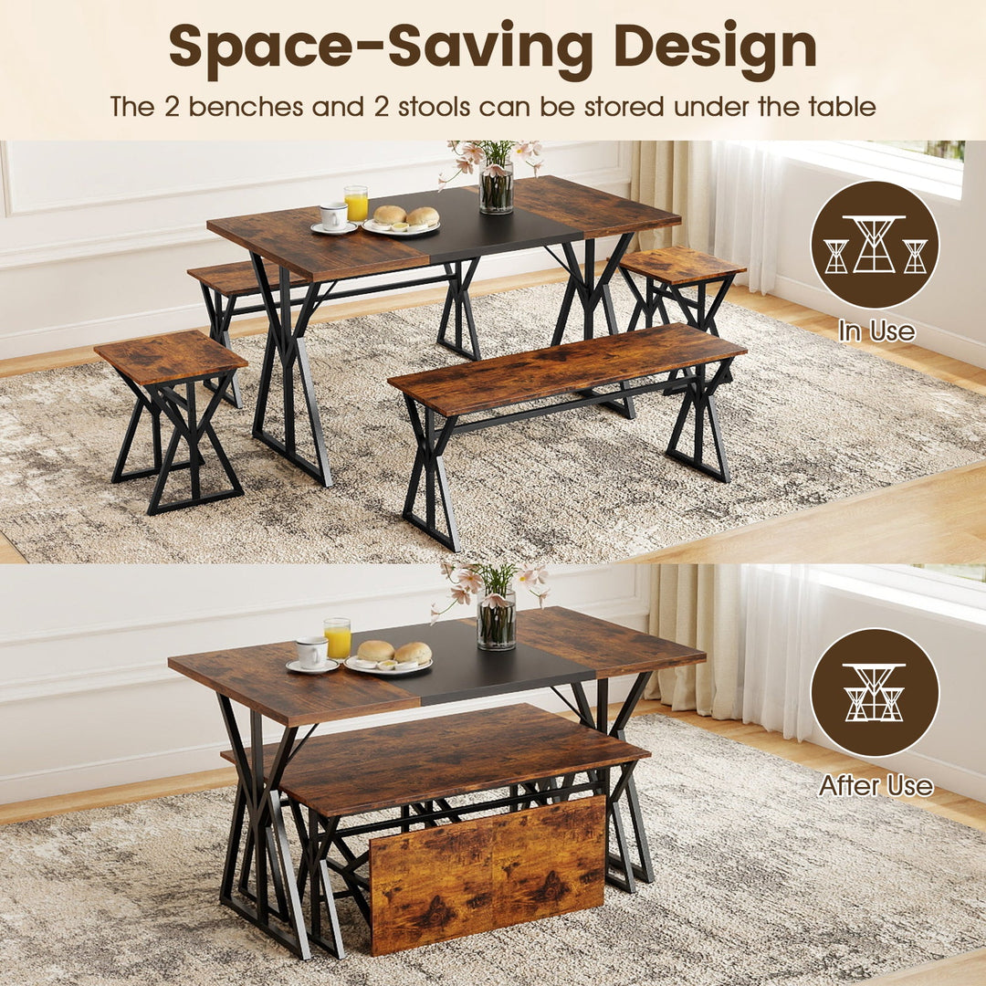 5-Piece Dining Room Set Industrial Rectangular Kitchen Table with 2 Benches and 2 Stools-Rustic Brown