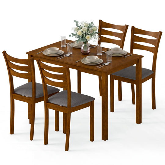 5-Piece Dining Table Set with Linen Fabric Upholstered Chairs and Solid Rubber Wood Frame for 4 People