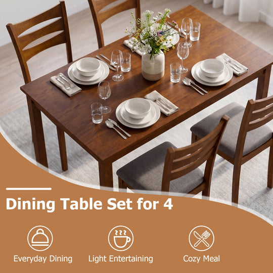 5-Piece Dining Table Set with Linen Fabric Upholstered Chairs and Solid Rubber Wood Frame for 4 People