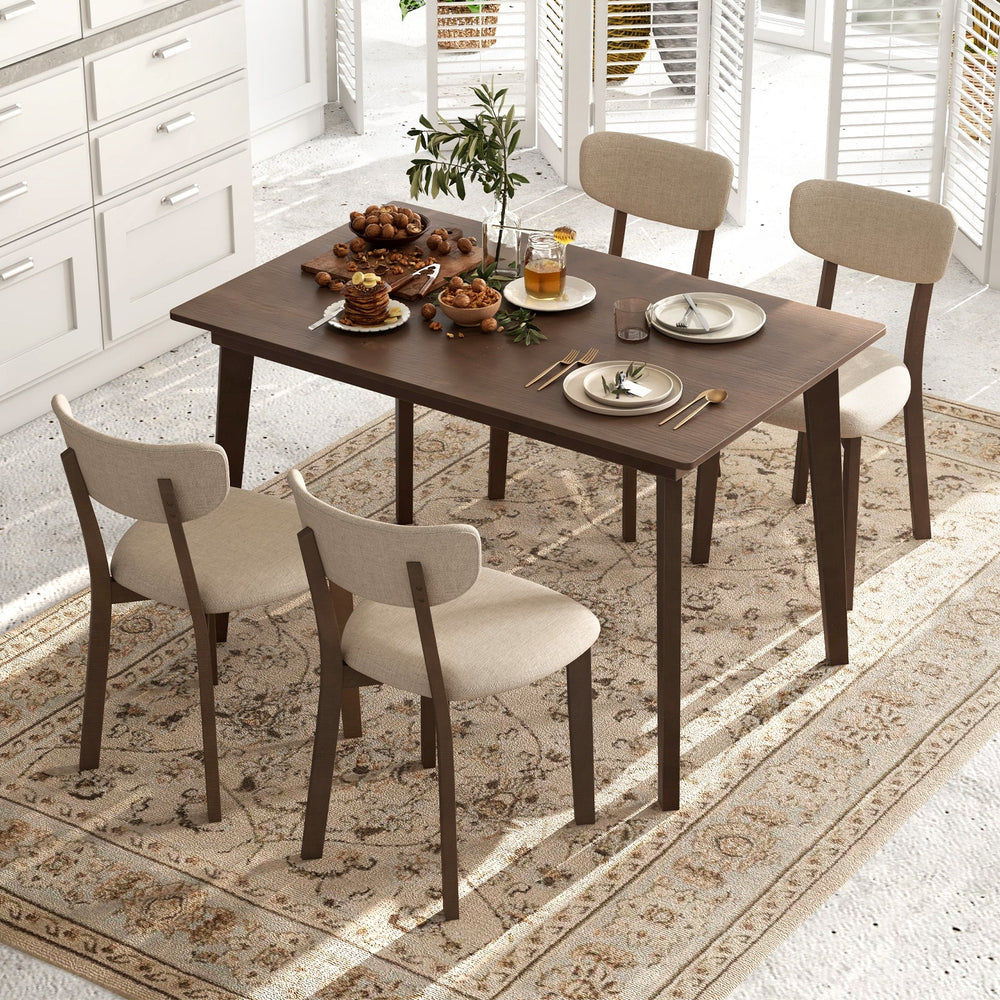 5-Piece Dining Table Set for 4 with Rubber Wood Frame and Padded Set-Brown