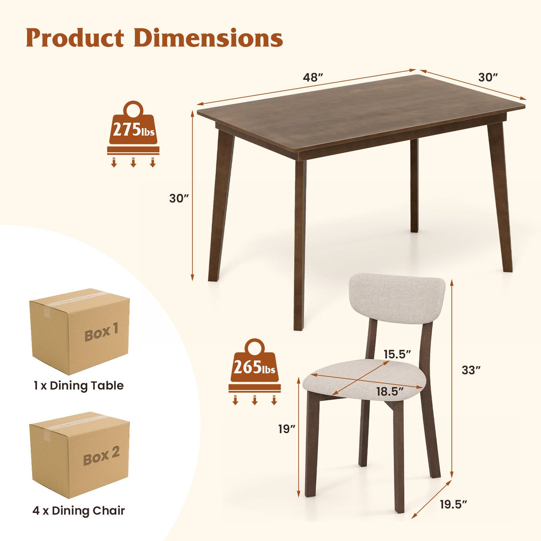 5-Piece Dining Table Set for 4 with Rubber Wood Frame and Padded Set-Brown