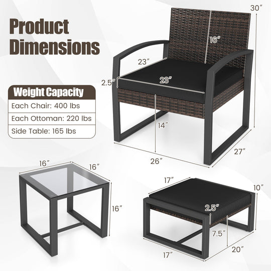 5-Piece Patio Conversation Set with 2 Ottomans and Tempered Glass Side Table