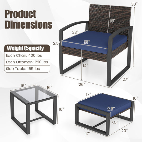 5-Piece Patio Conversation Set with 2 Ottomans and Tempered Glass Side Table