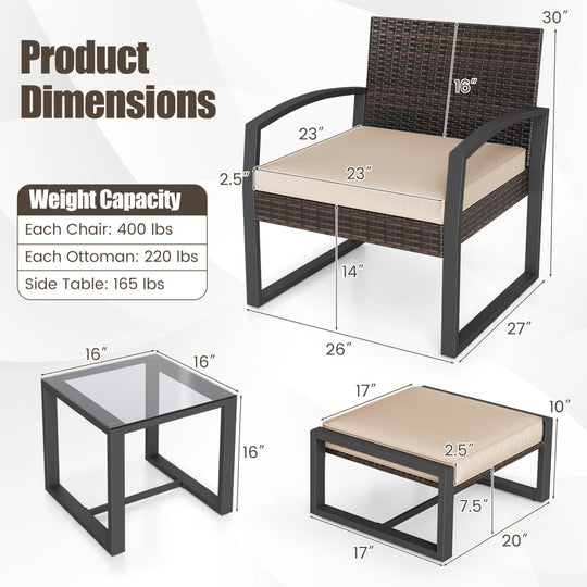 5-Piece Patio Conversation Set with 2 Ottomans and Tempered Glass Side Table