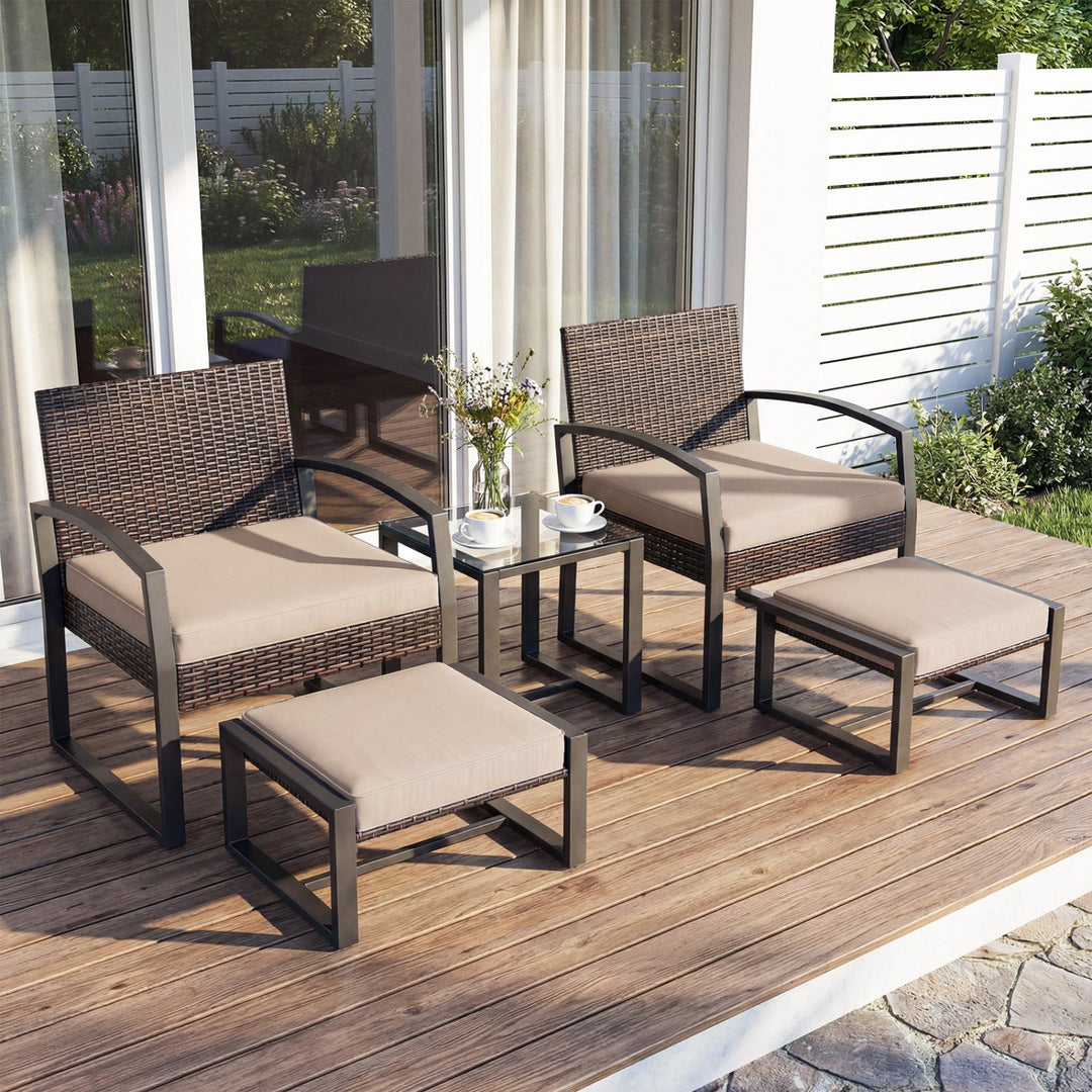 5-Piece Patio Conversation Set with 2 Ottomans and Tempered Glass Side Table