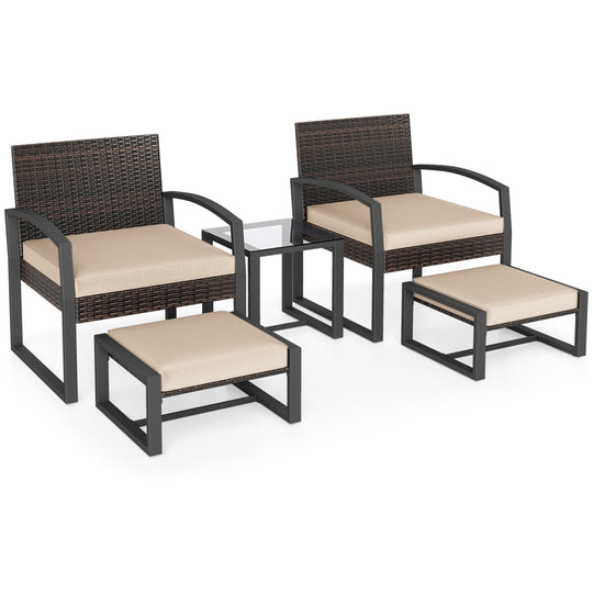 5-Piece Patio Conversation Set with 2 Ottomans and Tempered Glass Side Table