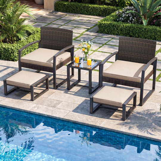 5-Piece Patio Conversation Set with 2 Ottomans and Tempered Glass Side Table