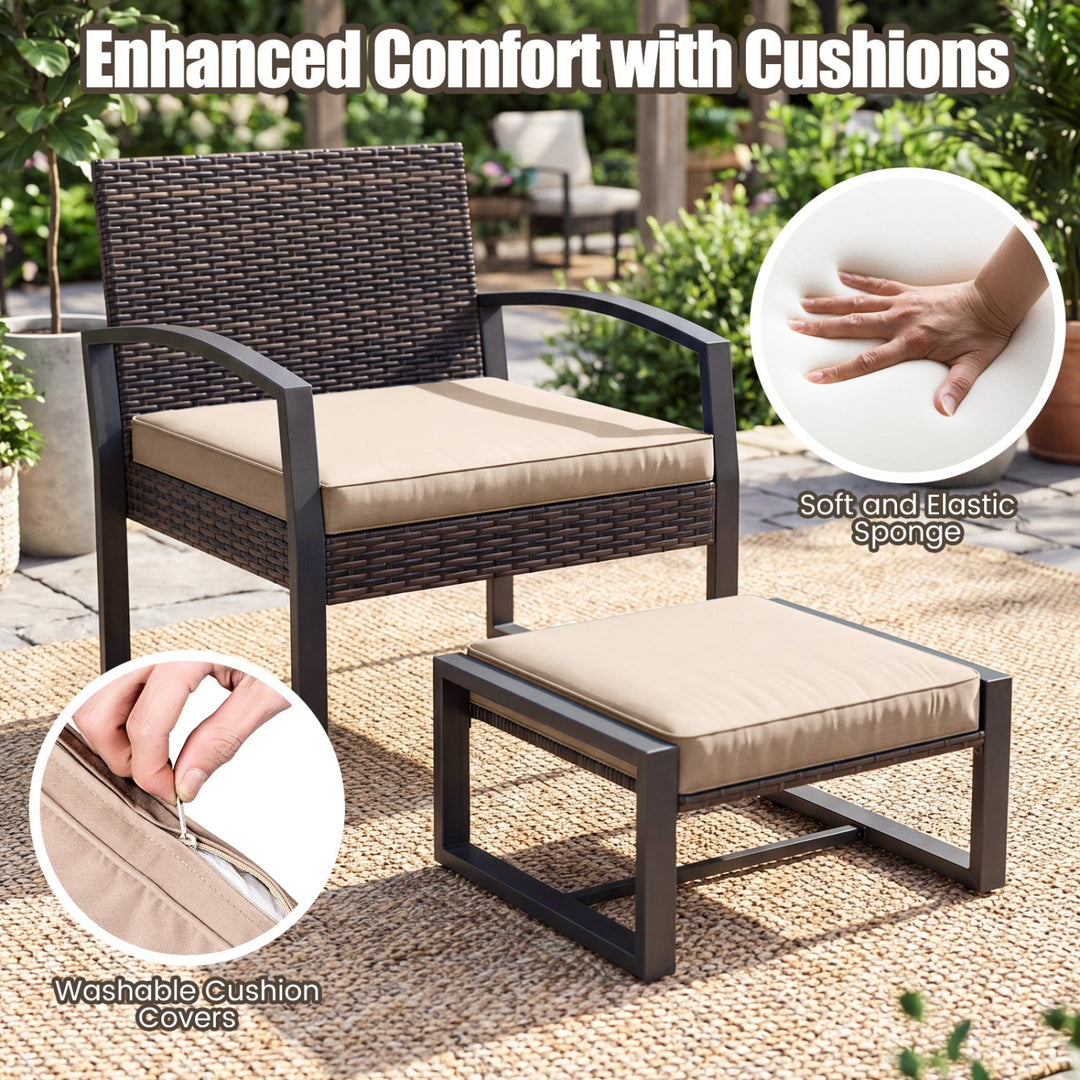 5-Piece Patio Conversation Set with 2 Ottomans and Tempered Glass Side Table