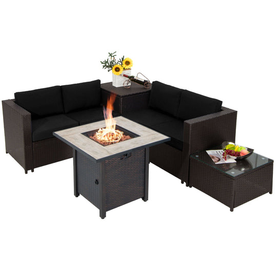 5-Piece Patio Furniture Set with 30 Inches Gas Fire Pit Table Outdoor PE Wicker Sofa Set