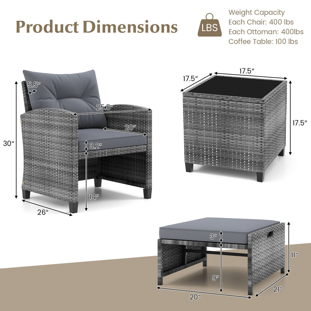 5 Piece Patio Rattan Furniture with 2 Ottomans and Tempered Glass Coffee Table