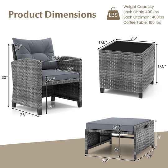 5 Piece Patio Rattan Furniture with 2 Ottomans and Tempered Glass Coffee Table