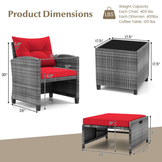 5 Piece Patio Rattan Furniture with 2 Ottomans and Tempered Glass Coffee Table