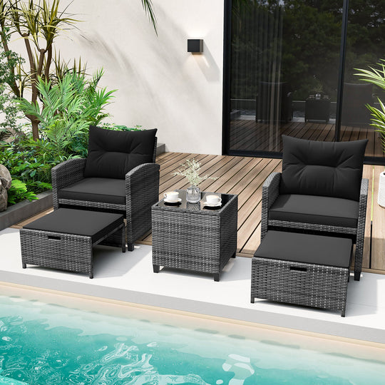 5 Piece Patio Rattan Furniture with 2 Ottomans and Tempered Glass Coffee Table