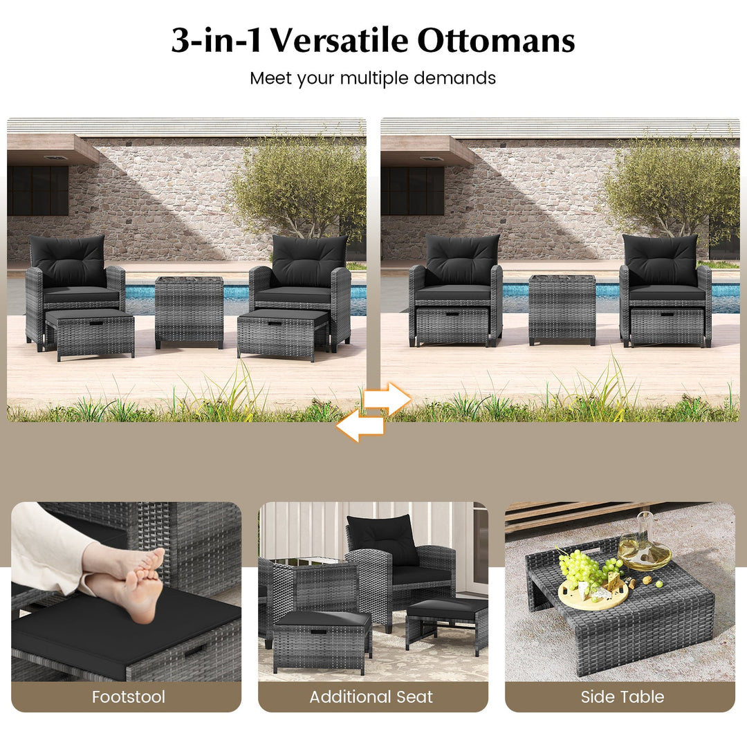 5 Piece Patio Rattan Furniture with 2 Ottomans and Tempered Glass Coffee Table