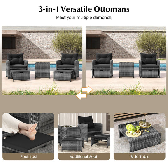 5 Piece Patio Rattan Furniture with 2 Ottomans and Tempered Glass Coffee Table
