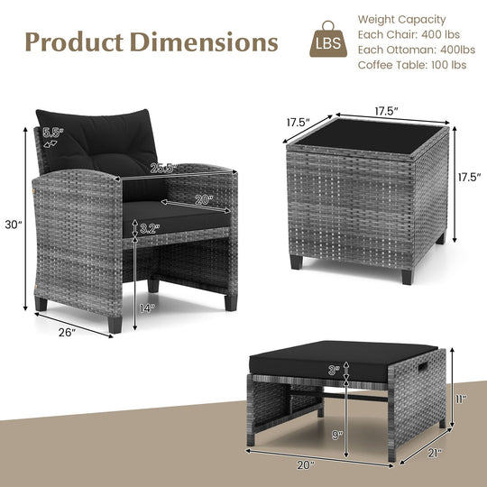 5 Piece Patio Rattan Furniture with 2 Ottomans and Tempered Glass Coffee Table