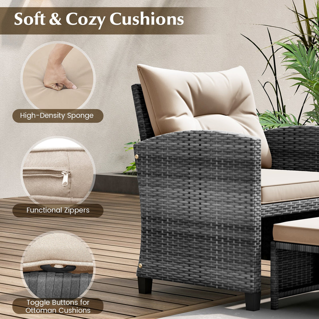 5 Piece Patio Rattan Furniture with 2 Ottomans and Tempered Glass Coffee Table