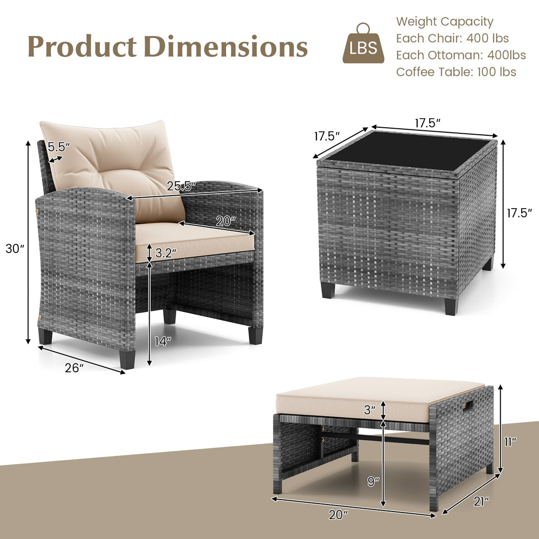 5 Piece Patio Rattan Furniture with 2 Ottomans and Tempered Glass Coffee Table