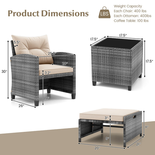 5 Piece Patio Rattan Furniture with 2 Ottomans and Tempered Glass Coffee Table