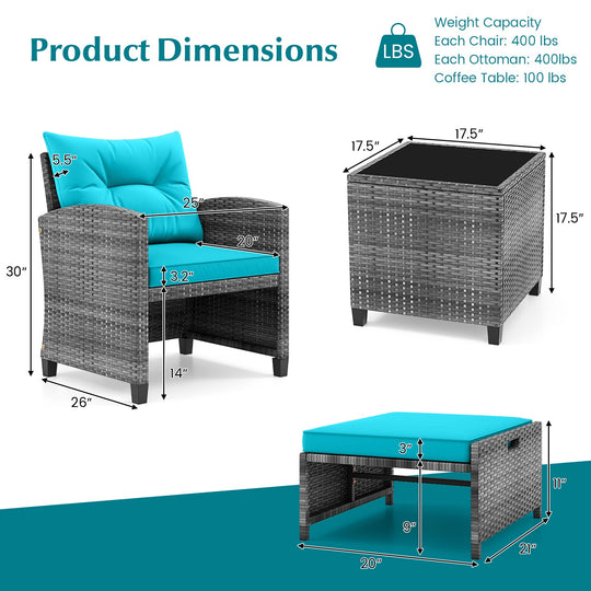 5 Piece Patio Rattan Furniture with 2 Ottomans and Tempered Glass Coffee Table