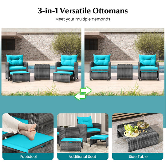 5 Piece Patio Rattan Furniture with 2 Ottomans and Tempered Glass Coffee Table