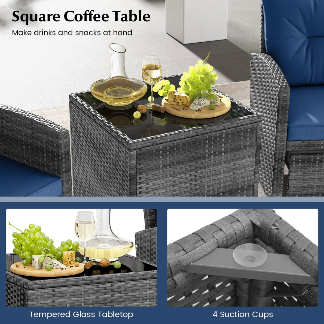 5 Piece Patio Rattan Furniture with 2 Ottomans and Tempered Glass Coffee Table