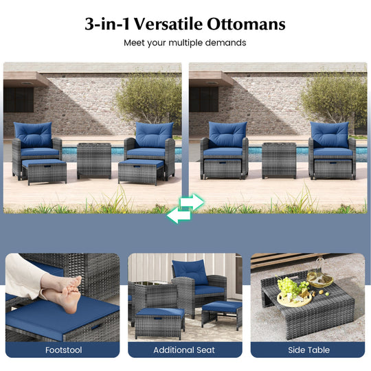 5 Piece Patio Rattan Furniture with 2 Ottomans and Tempered Glass Coffee Table